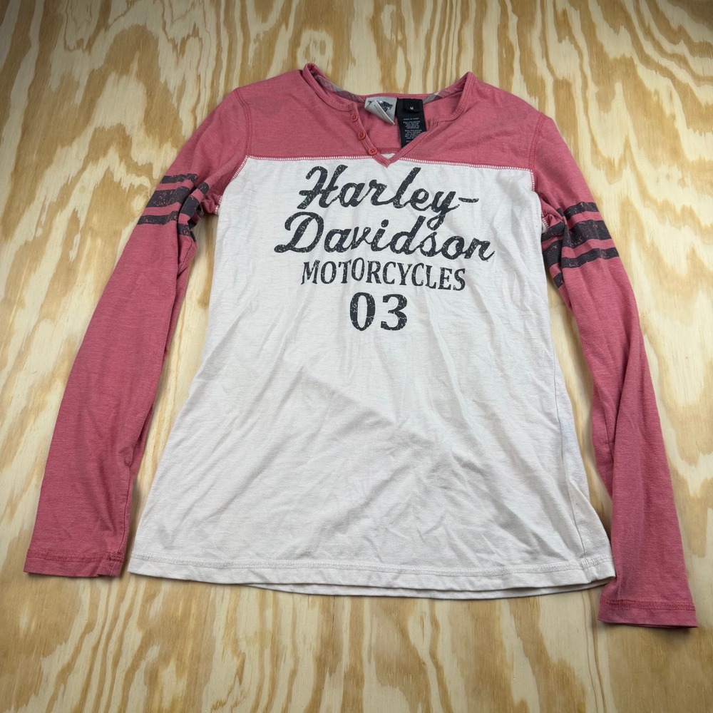 Harley-Davidson Womens Henley Long Sleeve Shirt Pink Cream Graphic Size M